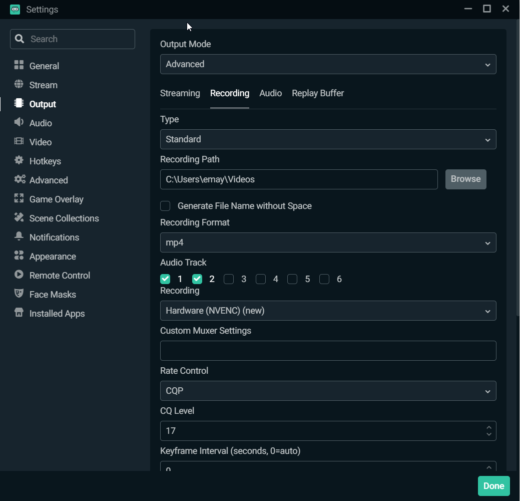 best settings for obs studio recording nvence