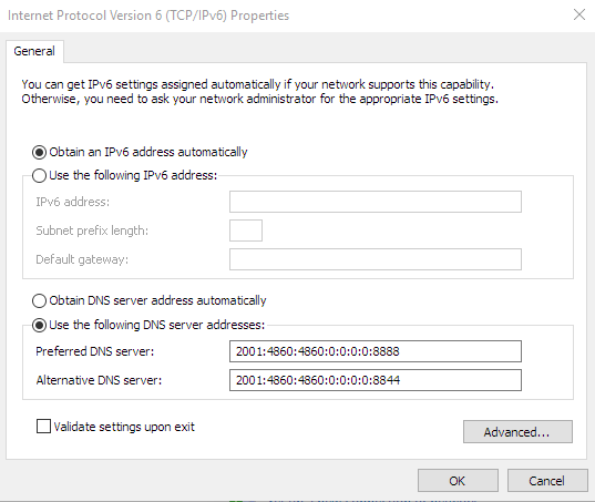 IPv6 properties window
