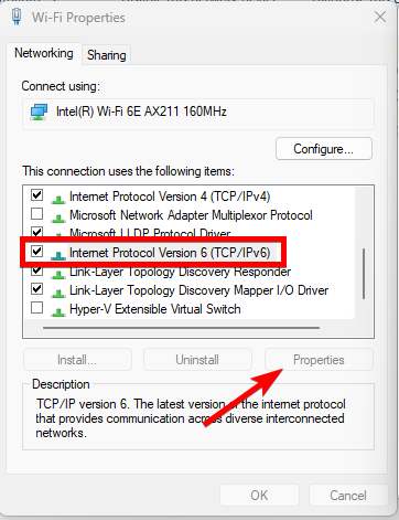 IPv6 properties window