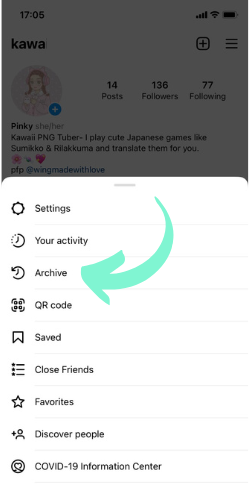 Instagram profile image with "Archive" menu highlighted