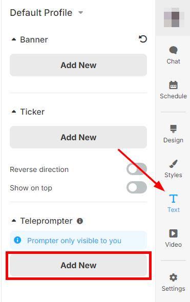 The Talk Studio right side bar menu with the "Text" option selected. At the bottom under "Teleprompter the "Add New" button is boxed in red.