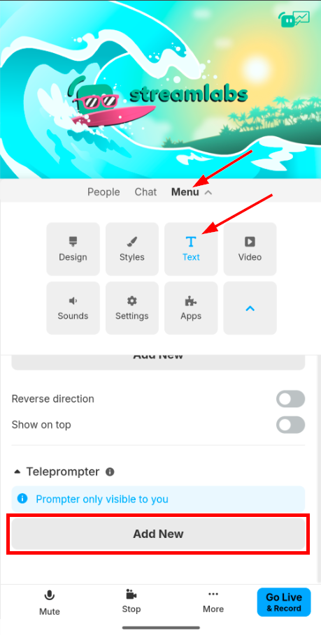 The image is a screenshot of a Talk Studio interface on a mobile device. The top section displays a colorful illustration featuring a stylized wave with a surfboard and a sun in the background. The word "streamlabs" with a pair of sunglasses appears over the wave. Below this, the word "menu" has an arrow pointing to it and it is uncollapsed. It displays several options in a grid layout with icons. The "Text" option has an arrow pointed to it and the text is colored in a light blue, indicating this ist he otpion selected. An option to "Add New" is prominently featured with a red box around it at the very bottom.