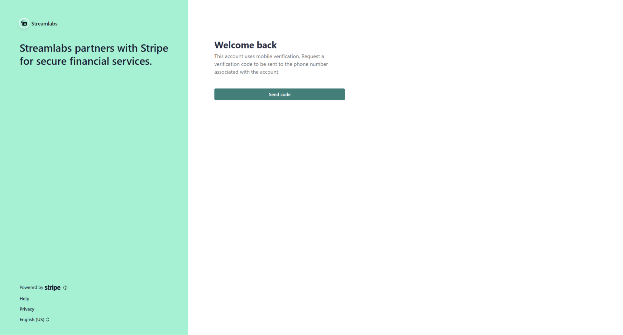 Stipe send code screen