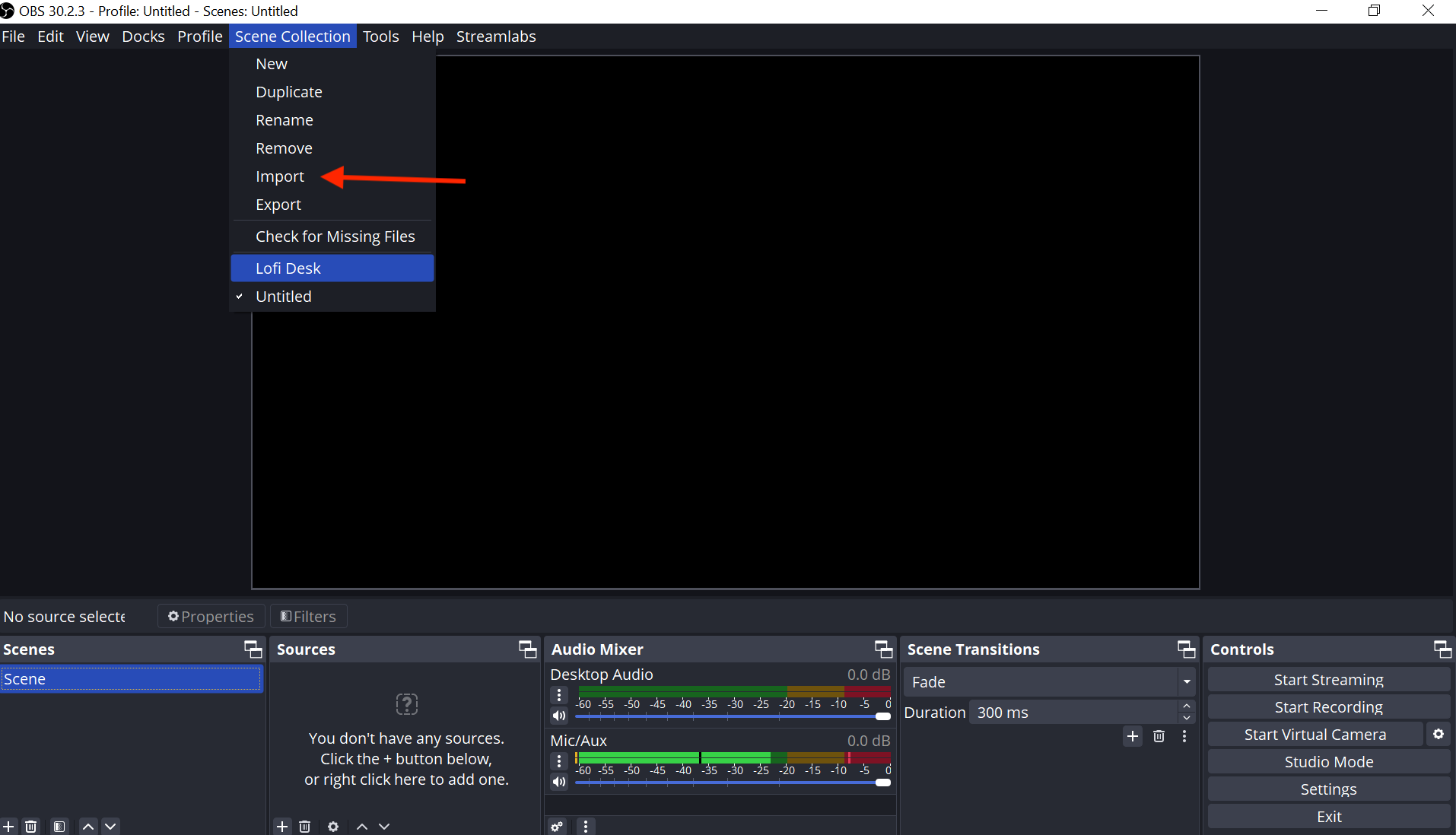 OBS Import option in settings