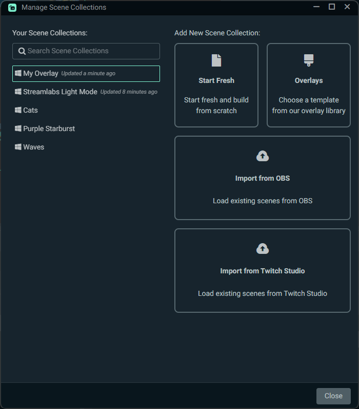Manage Scene Collections screen in Streamlabs Desktop