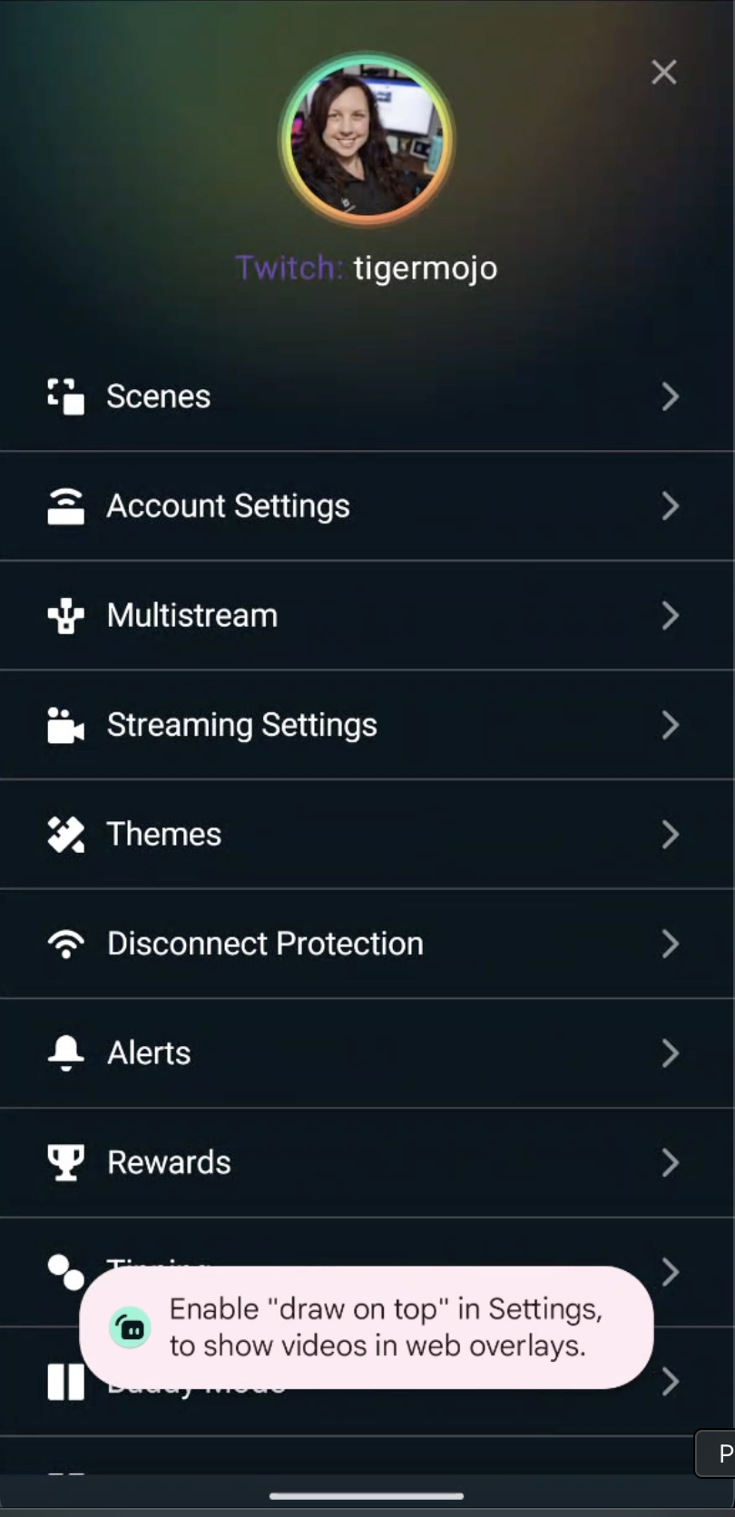 Menu in Streamlabs Mobile app