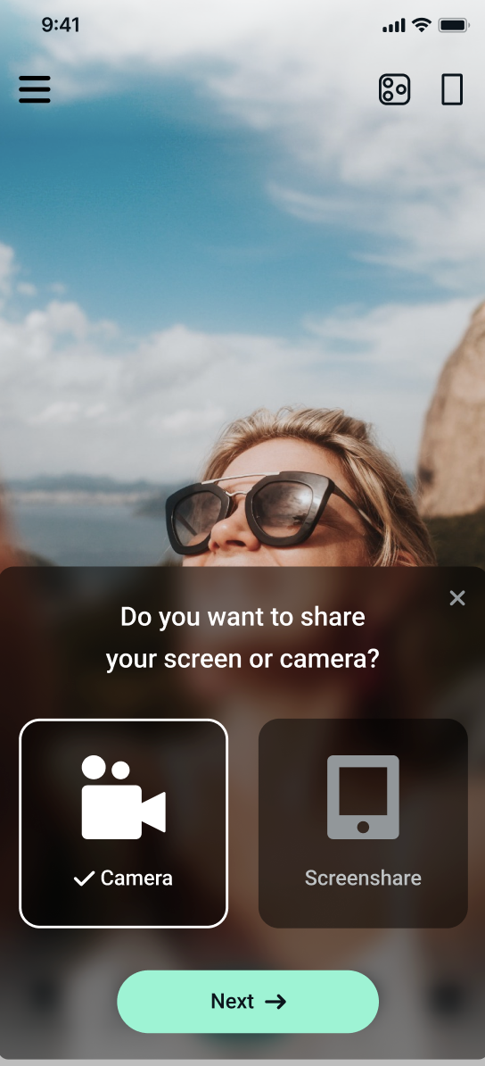 Popup in Streamlabs Mobile app that asks you if you want to share your screen or your camera before going live