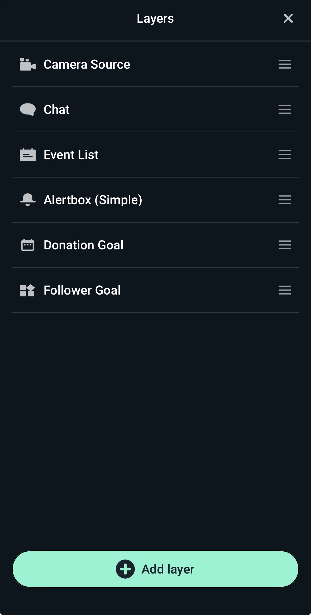 Layers page in Streamlabs Mobile app with Camera Source, Chat, Event List, Alertbox, Donation and Follower Goals