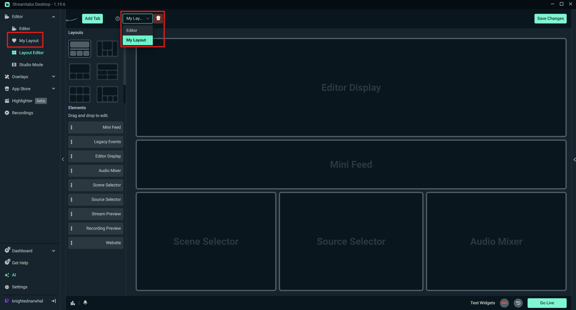New layout highlighted in Streamlabs Desktop Layout Editor