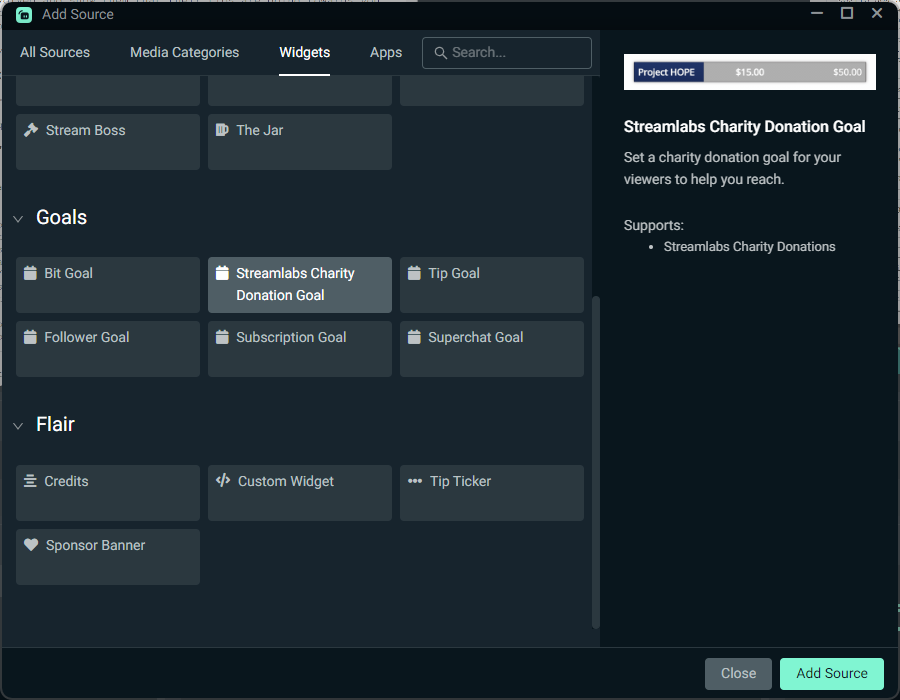 Streamlabs Charity Donation Goal widget in Desktop