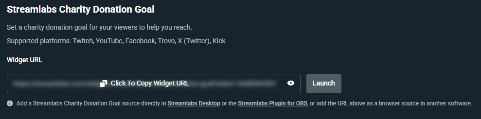 Charity donation goal URL in Streamlabs Dashboard