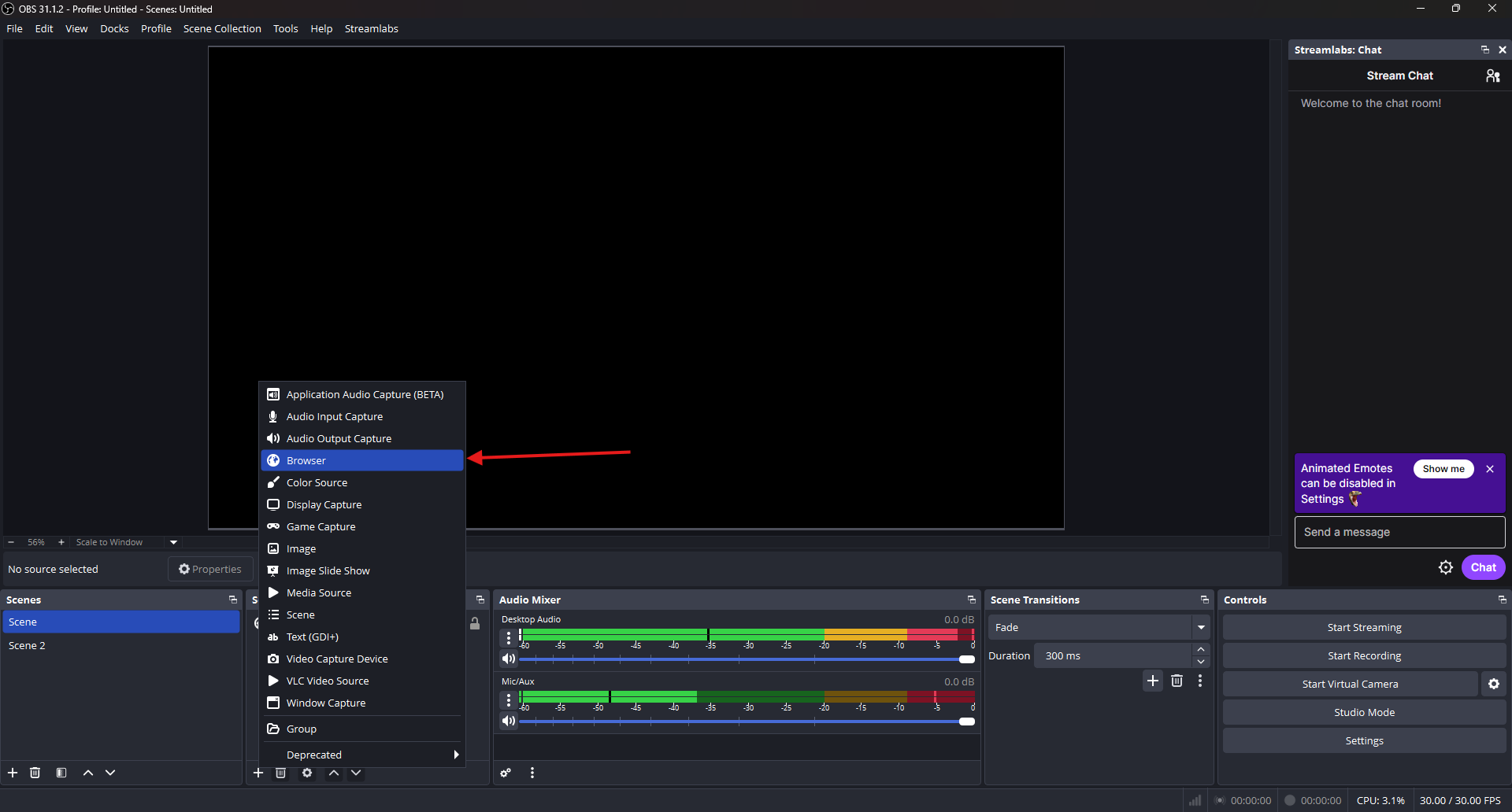 Browser Source option in OBS