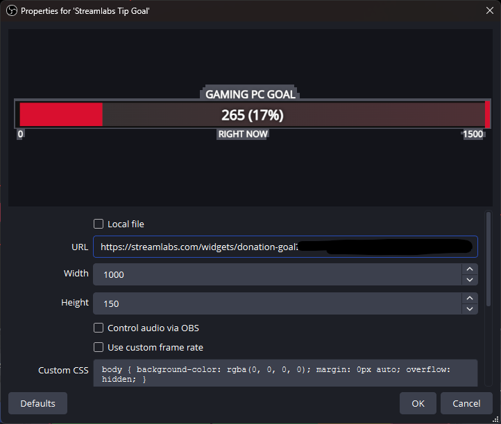 Tip Goal widget settings in OBS