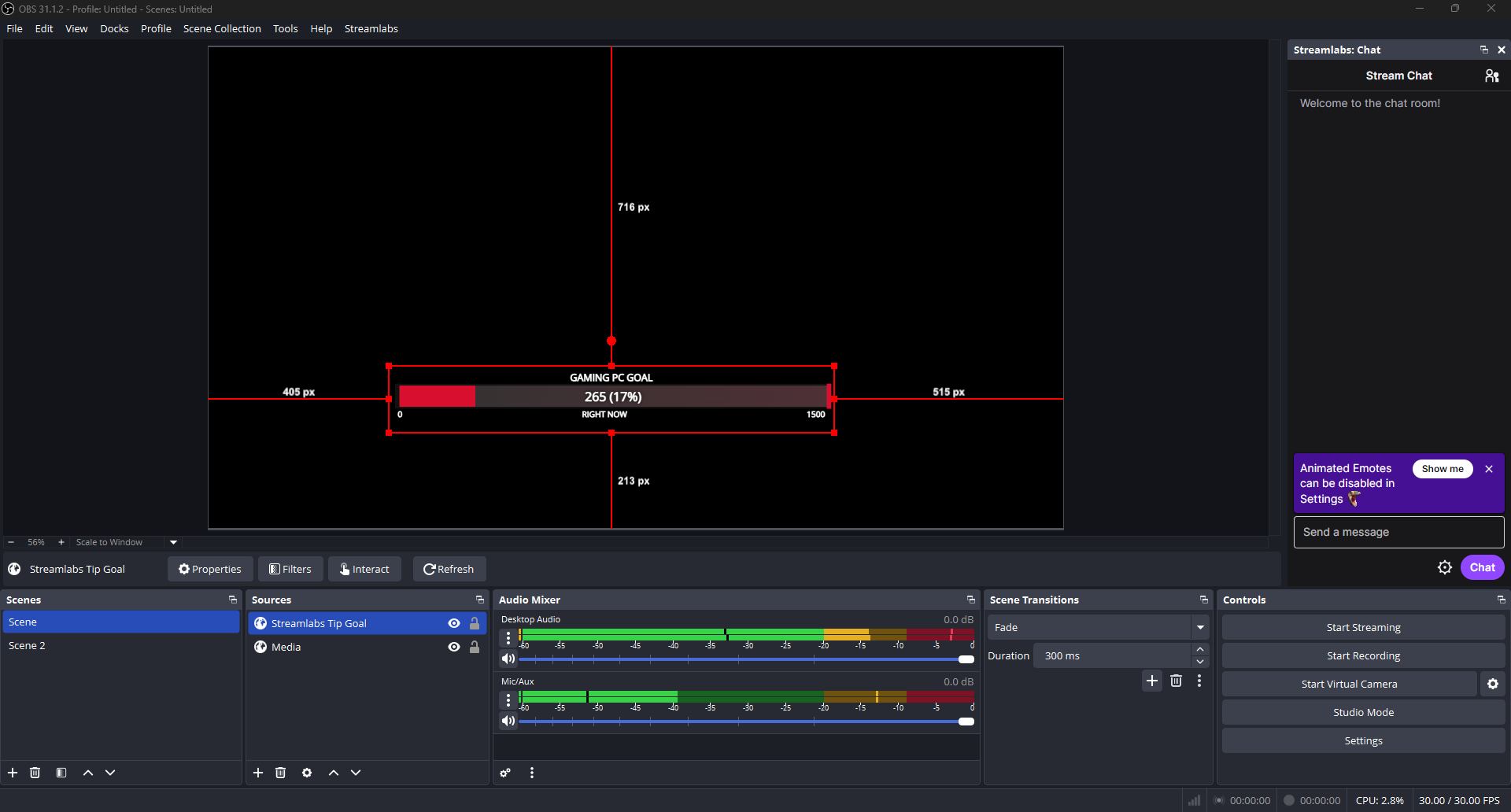 Streamlabs Tip Goal widget within OBS