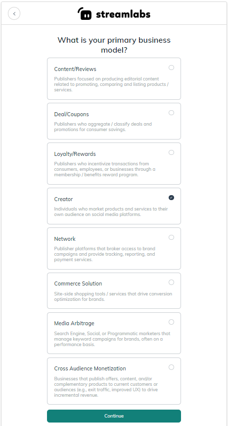 Streamlabs Ultra affiliate program business model selection screen