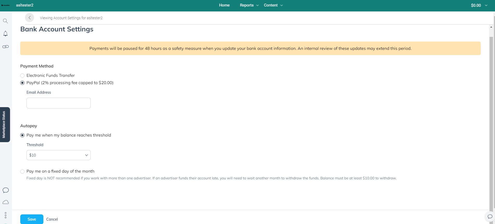 Impact affiliate payment settings