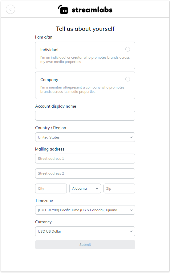Streamlabs Affiliate program profile info
