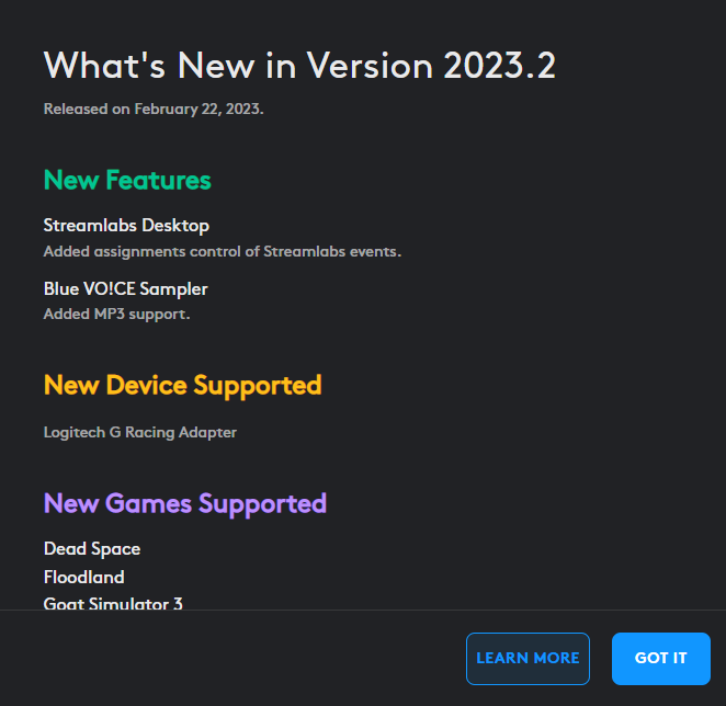 An explanation of the features included with the 2023.2 G HUB update