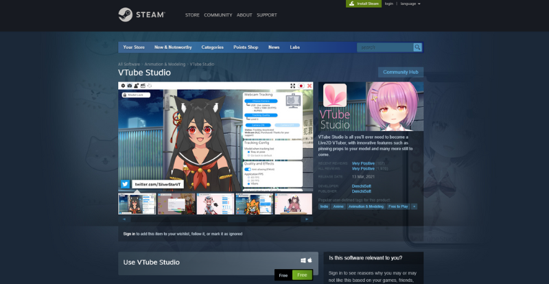 Main homepage on Steam for VTube Studio