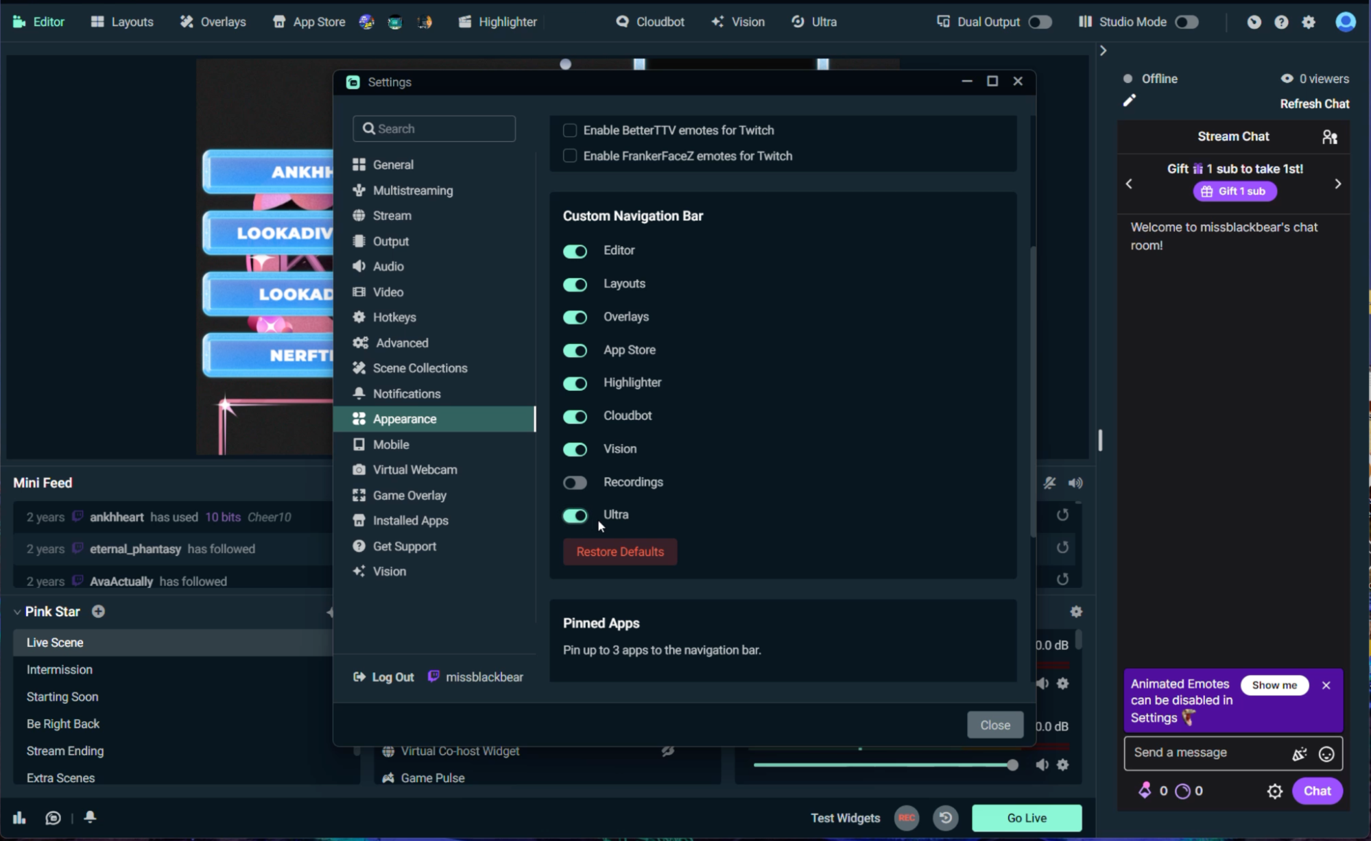 streamlabs top navigation setting menu