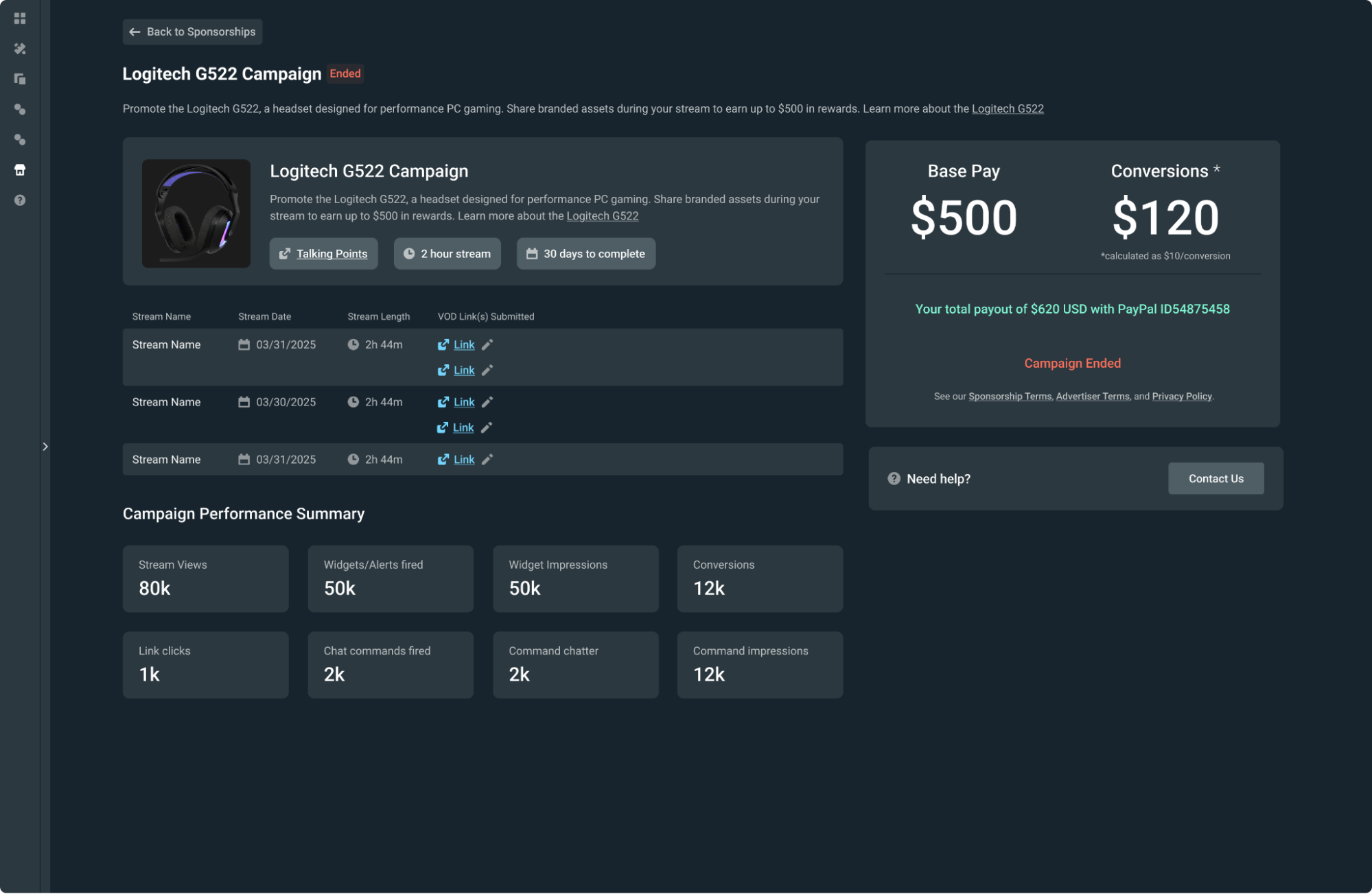 streamlabs sponsorships campaign metrics