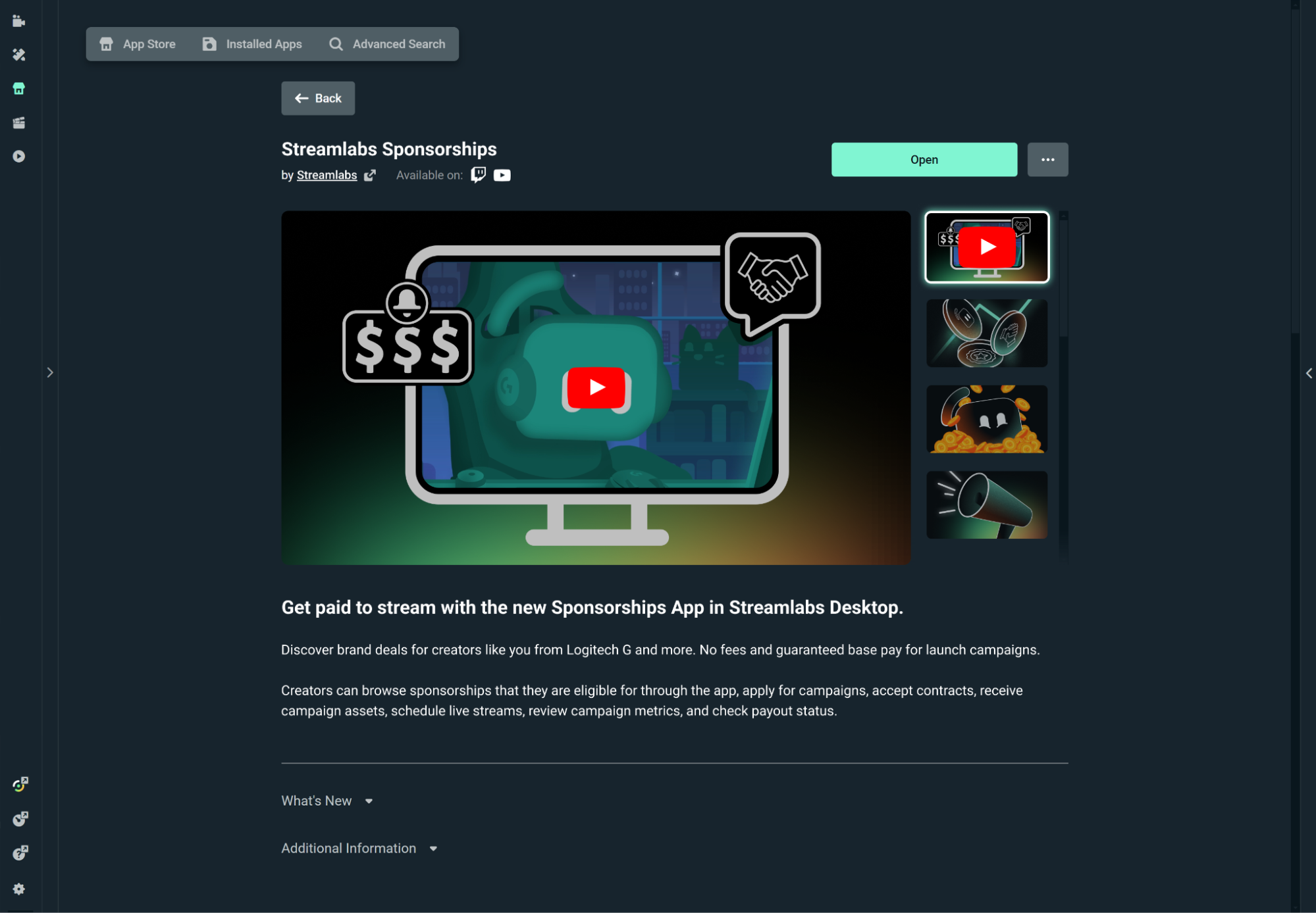 streamlabs sponsorships app store landing page