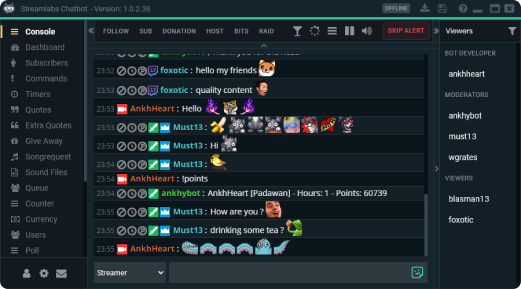 A photo of the Chatbot Console showing the stream chat and viewers list.