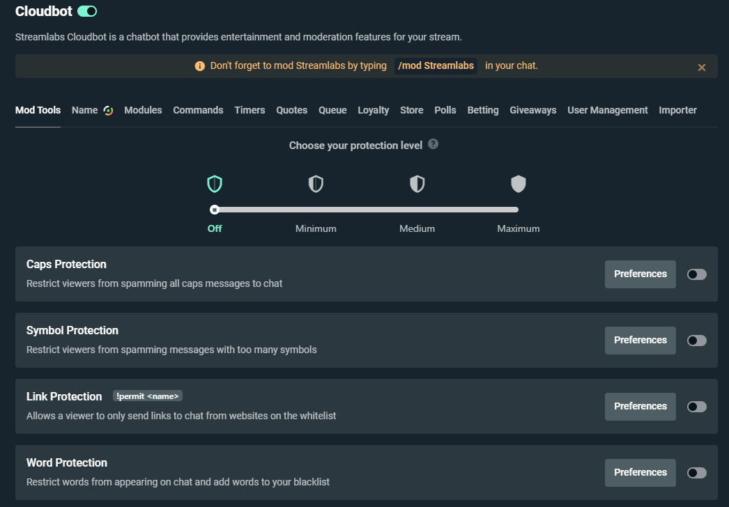 A photo of Cloudbot on Streamlabs.com. It is showing the mod tools such as safety settings that you can adjust.