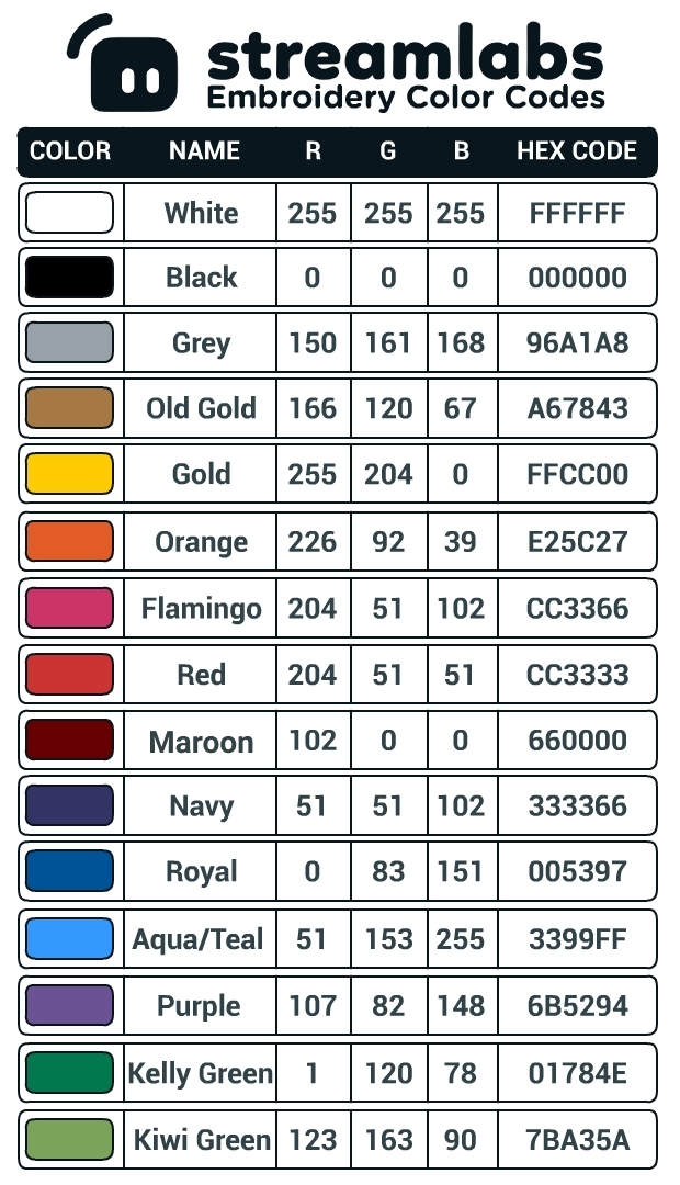 Streamlabs Embroidery Colors and Hex Codes