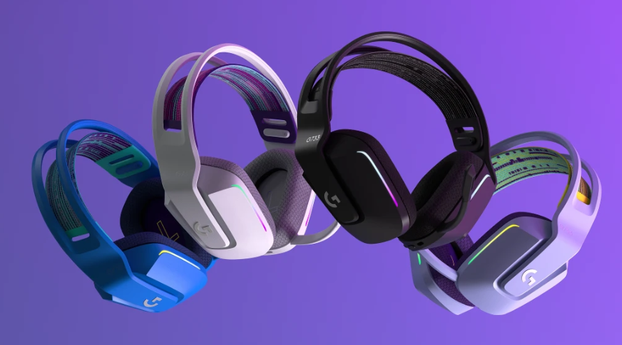 The Logitech G733 RGB Wireless Headset shown in four different color options