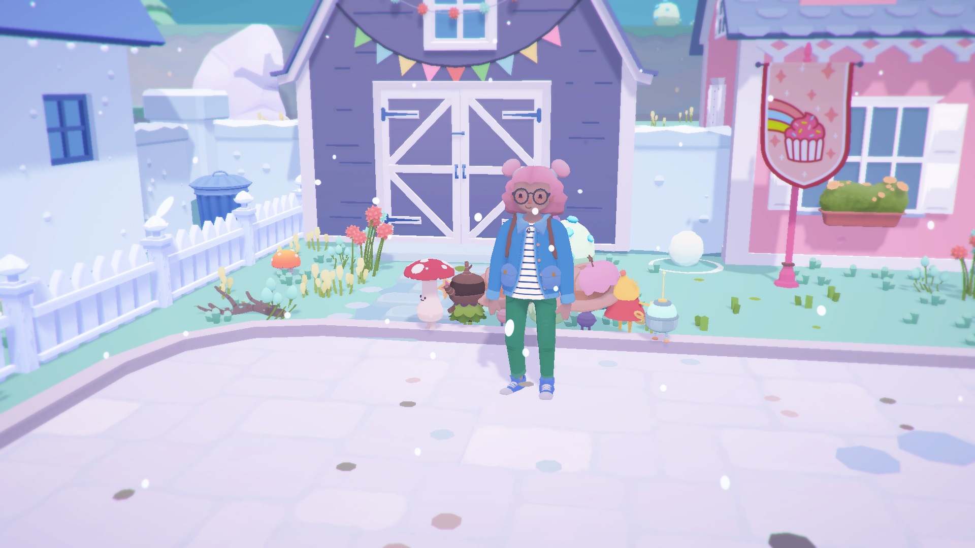 A winter holiday image from the cozy game Ooblets