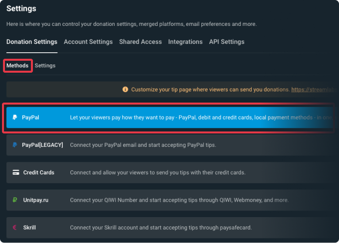 Página de configurações do Streamlabs