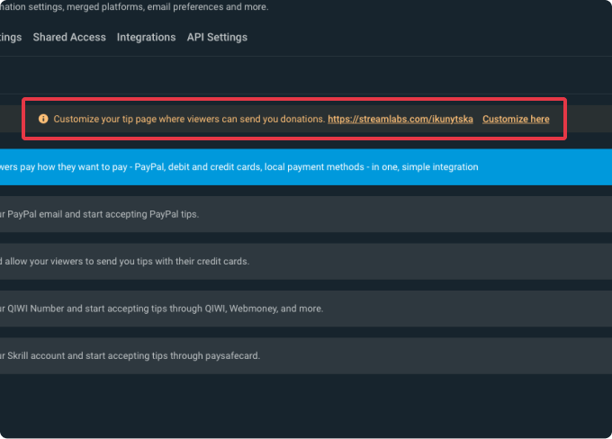 Página de propinas de Streamlabs